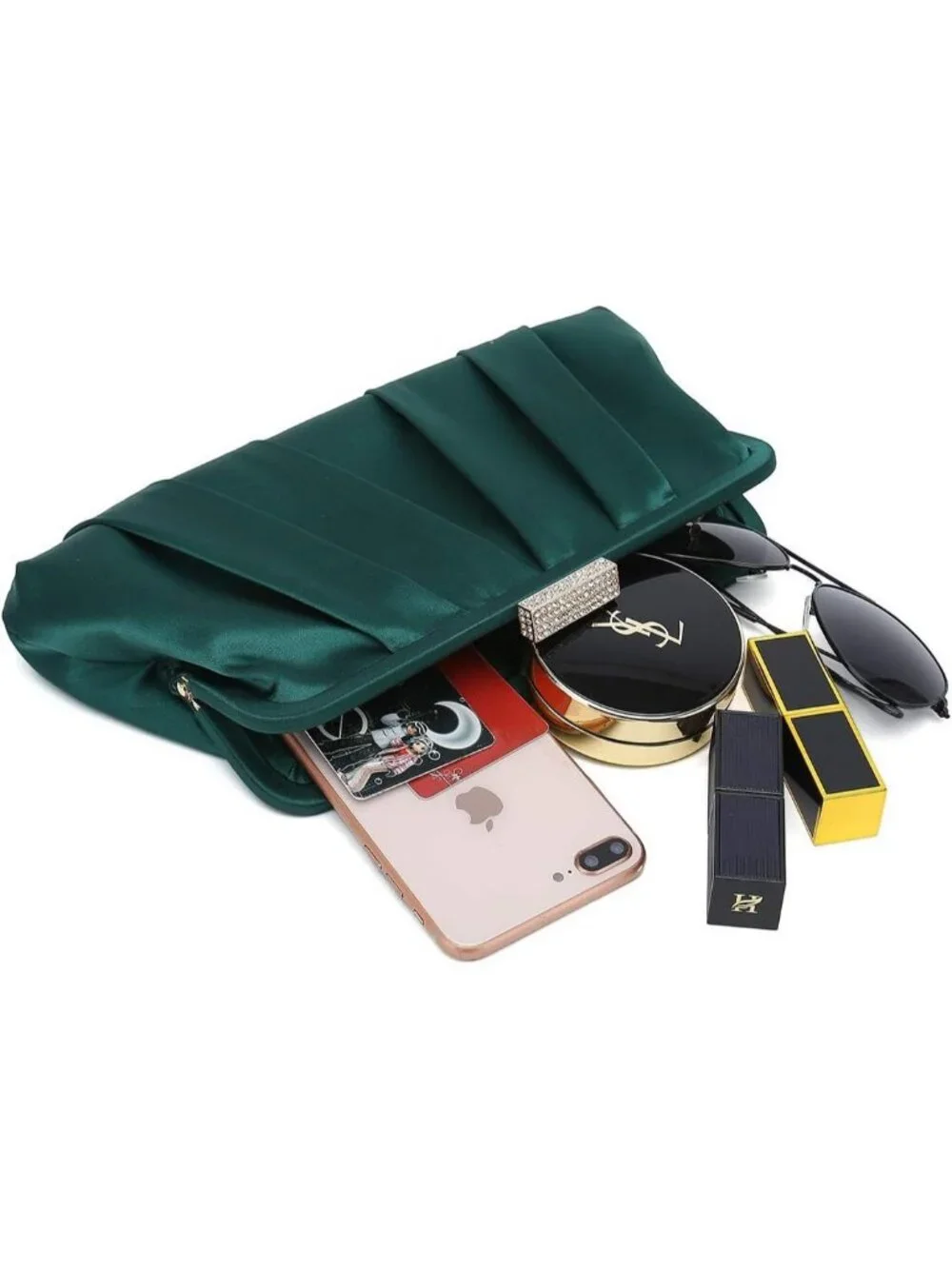 Women's Green Classic Pleated Satin Clutch Purse Diamante Formal Evening Bag